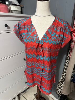 miami Red and Turquoise Geometric V-Neck Flutter Sleeve Blouse